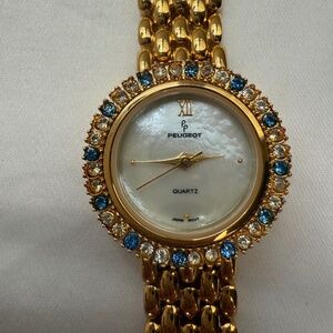 Vintage Peugeot Ladies Watch Gold-Tone MOP Face Blue and Clear Crystals Runs